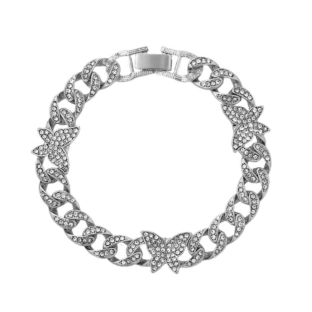 Tobillera de cadena cubana con accesorios de mariposa de diamantes completos con personalidad