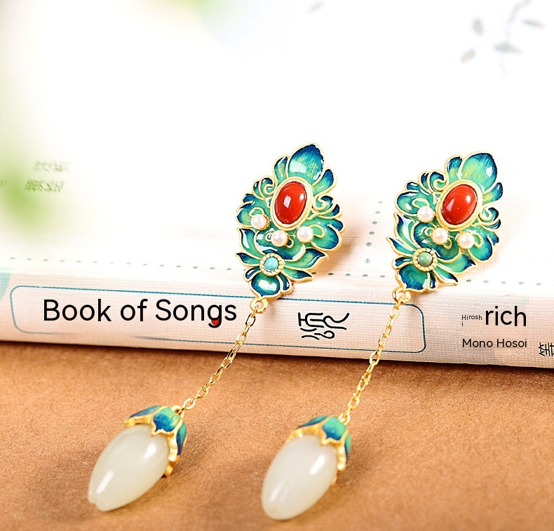 Pendientes de flor de plata S925 con incrustaciones de jade blanco Hetian