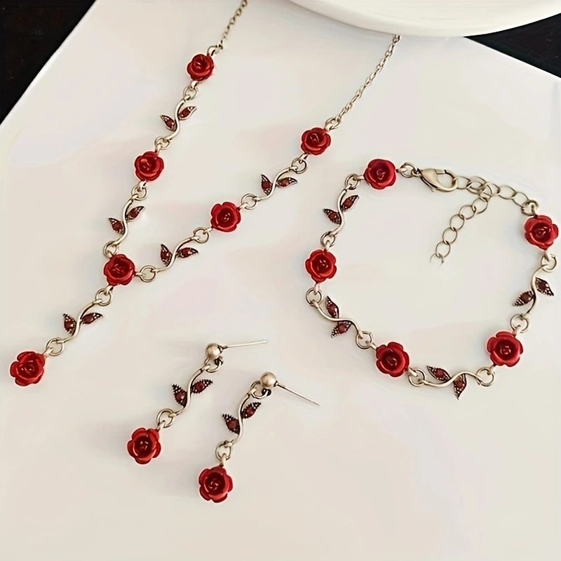Lxalry Romantisches Rotes Rosen Schmuckset, Handgefertigte Galvanisierte Halskette, Armband & Ohrringe Trio, Brautgeschenk für Hochzeitselegant & Alltagsromantik