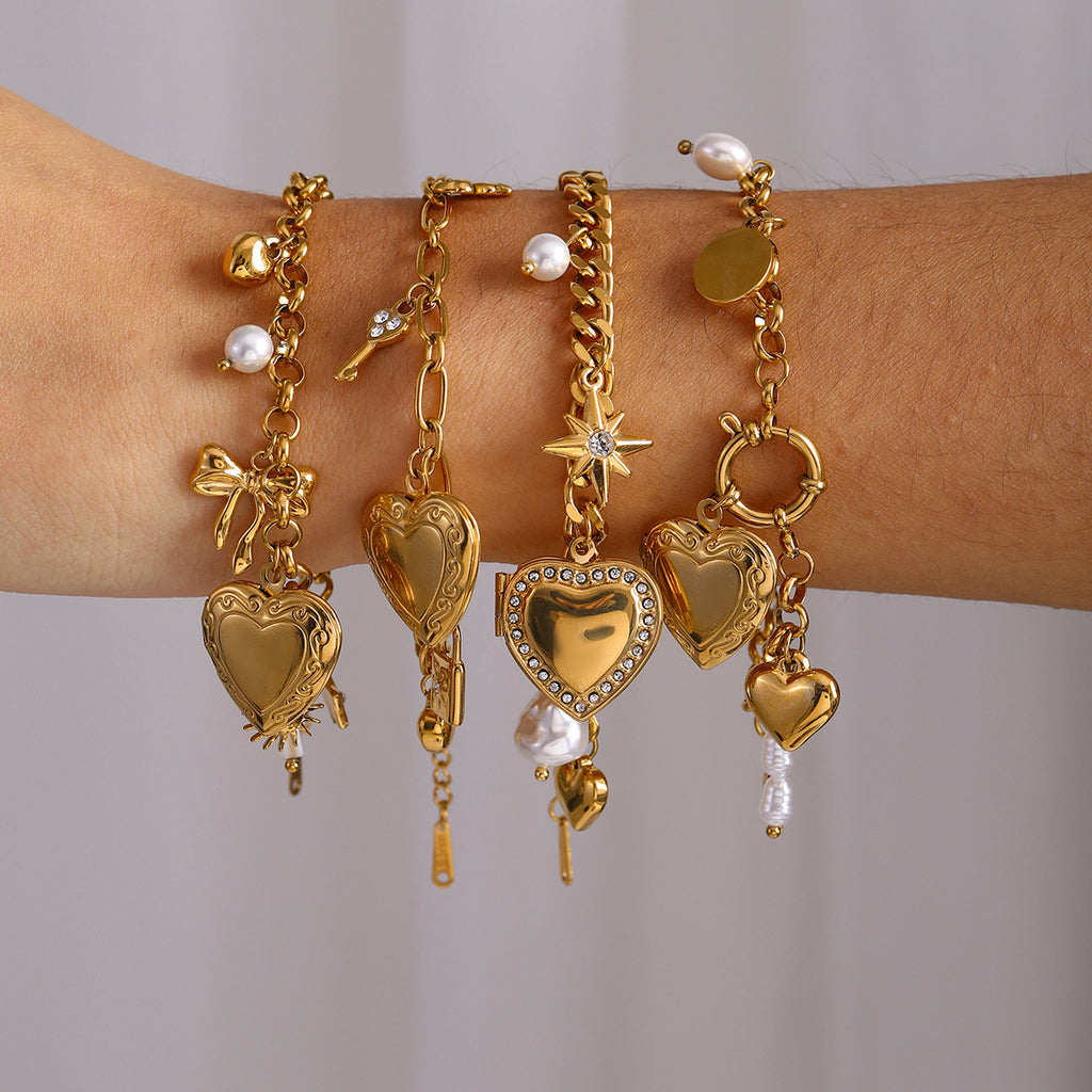 Pulsera de Cadena de Amor Pulsera de Moda de Acero de Titanio con Perlas y Lazo