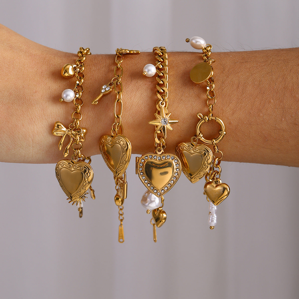 Pulsera de Cadena de Amor Pulsera de Moda de Acero de Titanio con Perlas y Lazo