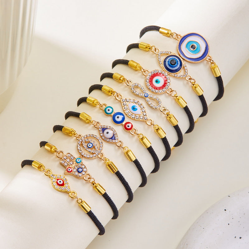 Evil Blue Eyes Alloy Oil Dripping Devil's Eye Diamond-embedded Pull Bracelet