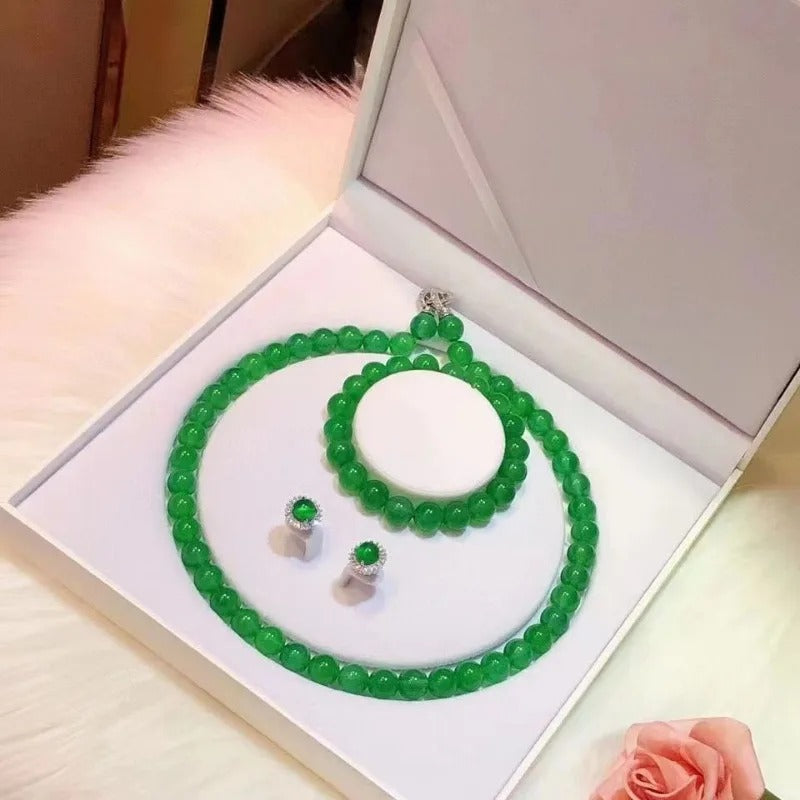 Gao Bing Emperador Jade Calcedonia Bola Pulsera Collar Pendientes Set