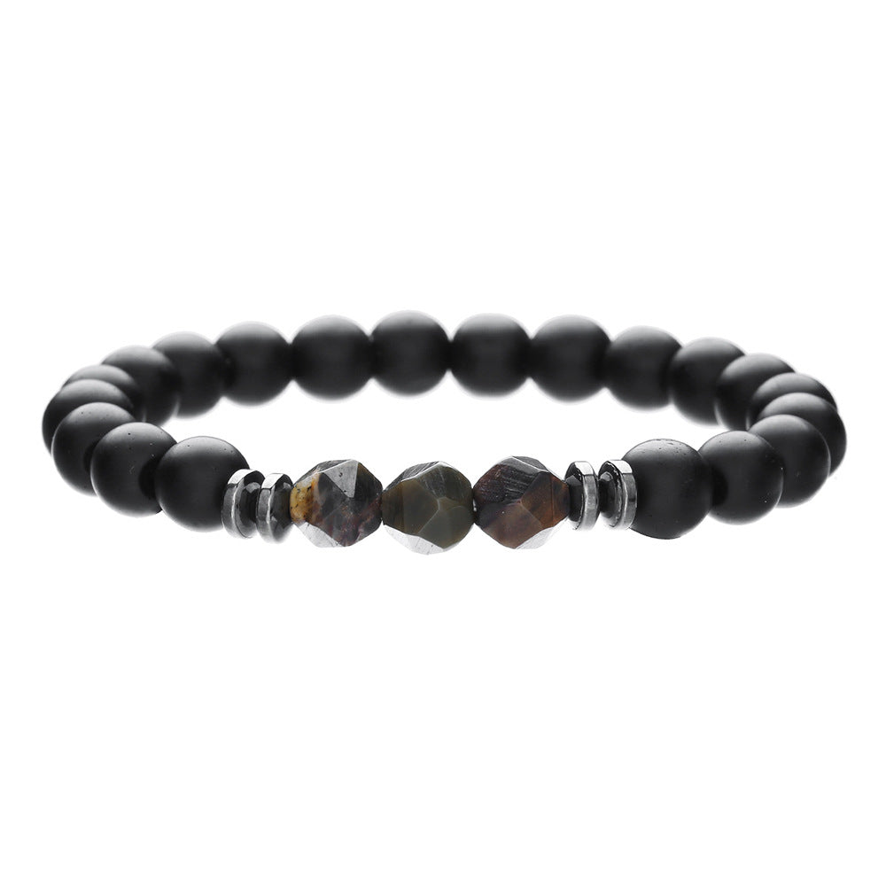 Pulsera elástica de ojo de tigre y ágata negra con superficie de corte simple para hombre