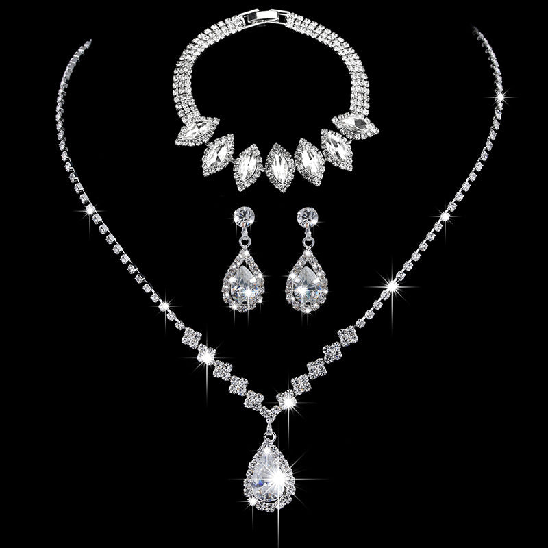 Juego de joyas de collar y aretes de gota de agua de circón con diamantes completos brillantes