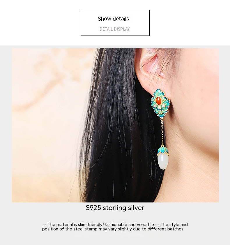Pendientes de flor de plata S925 con incrustaciones de jade blanco Hetian