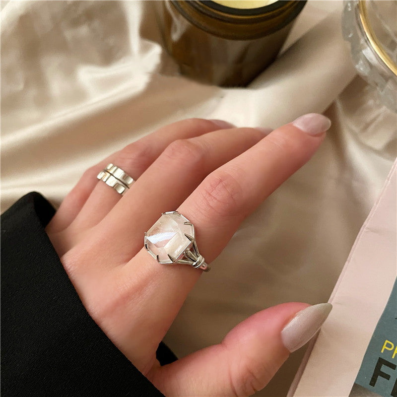 Geometrischer quadratischer Naturkristall 925 Sterling Silber verstellbarer Ring
