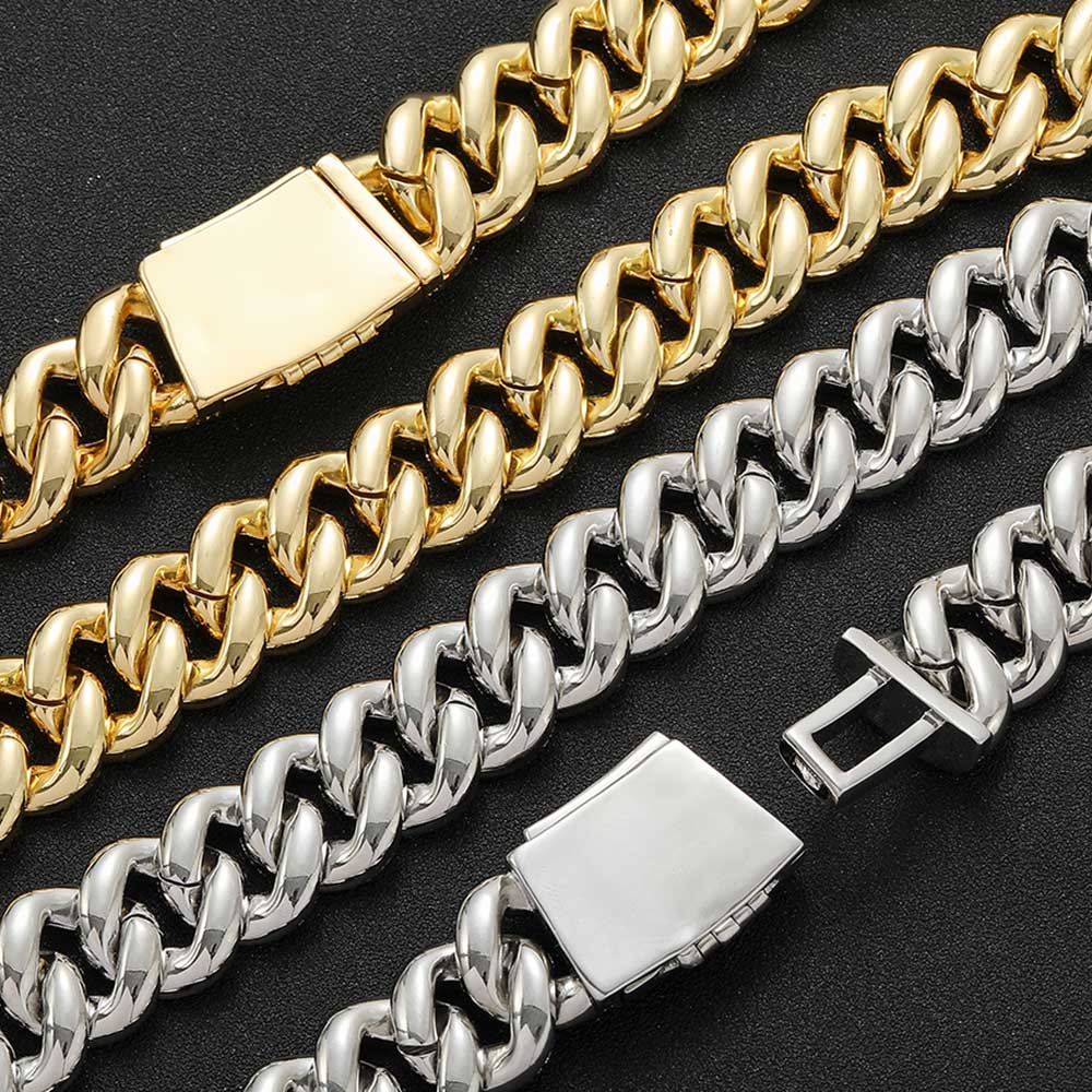 Hip Hop 15mm20mm Halskette Miami Schnalle Kubanische Kette Echt Vergoldet Armband