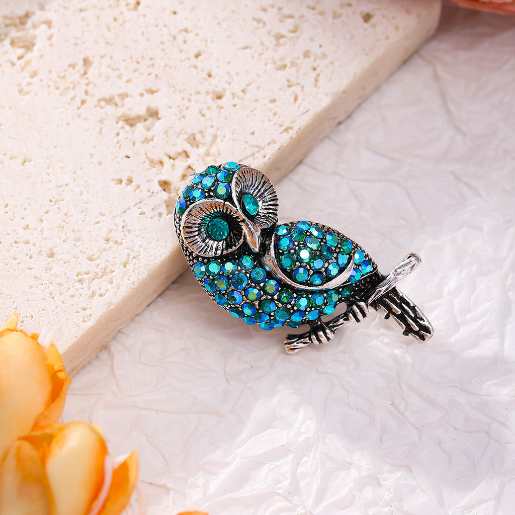 Women's Diamond Blue Owl Brooch