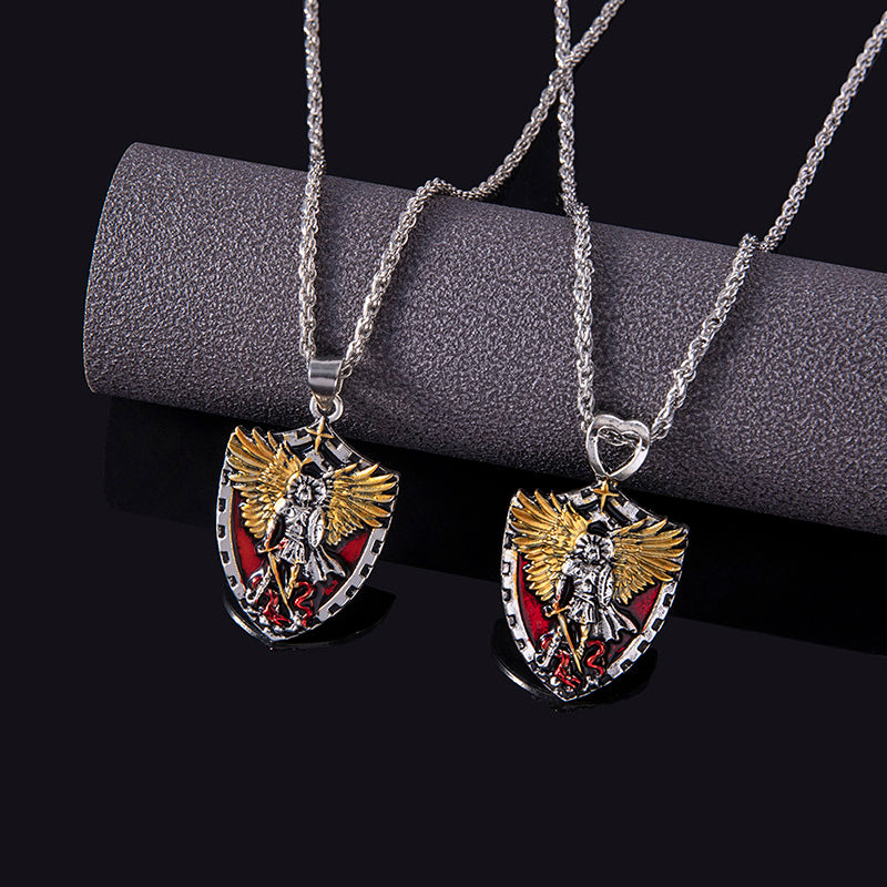 Christianischer Engel Michael Schild Anhänger Halskette Herren Vintage Kreuz Geflügelte Ritter Halsketten Religiöser Amulett Schmuck