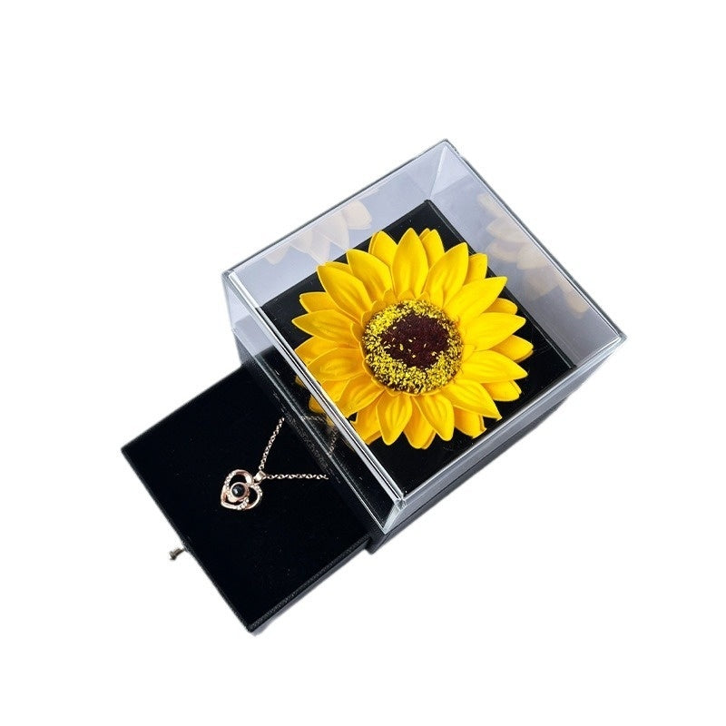 Collar Girasol Flor Artificial Caja de Acrílico para Joyas