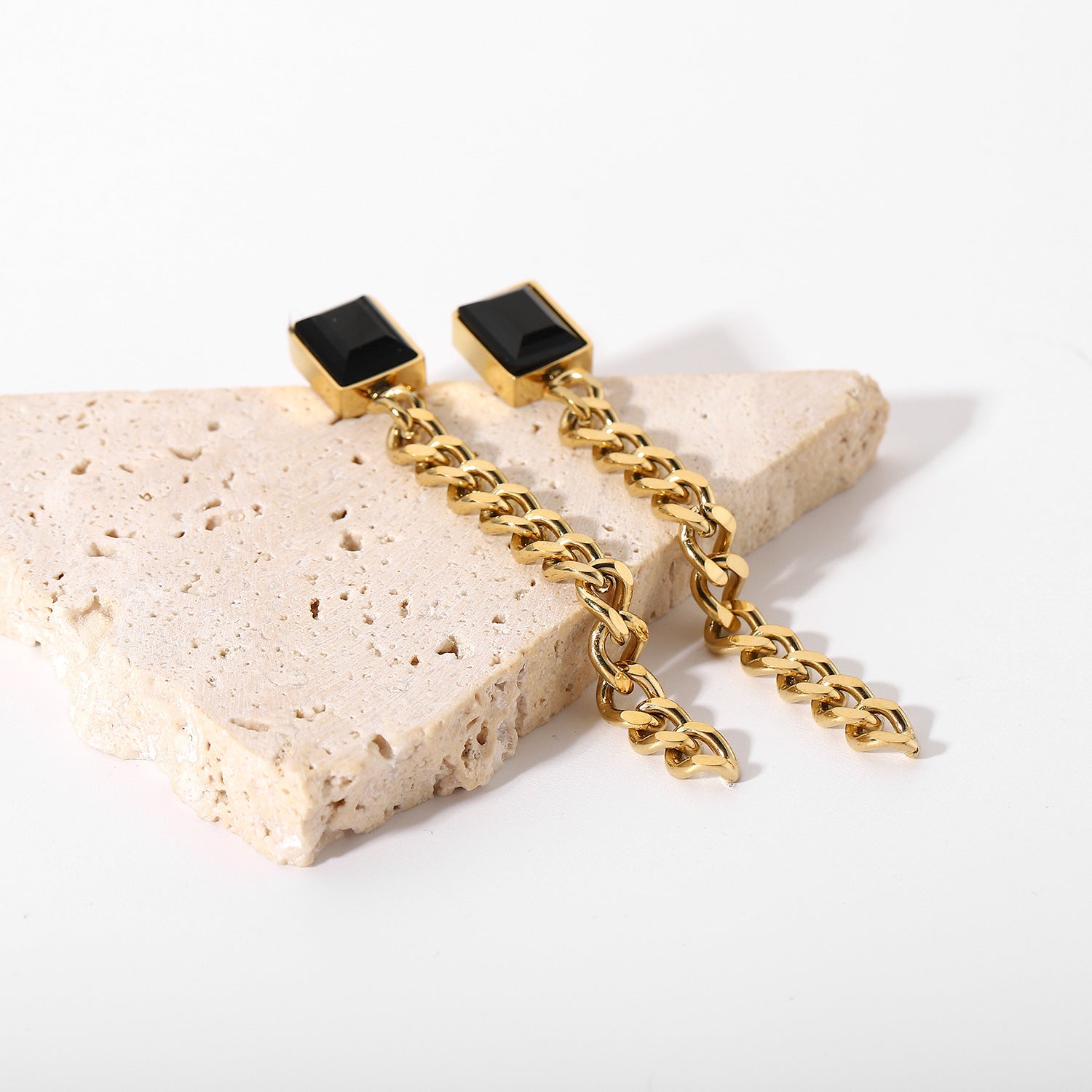 Pendientes de cadena cubana con colgante de gema negra de acero inoxidable para mujer, aretes de joyería