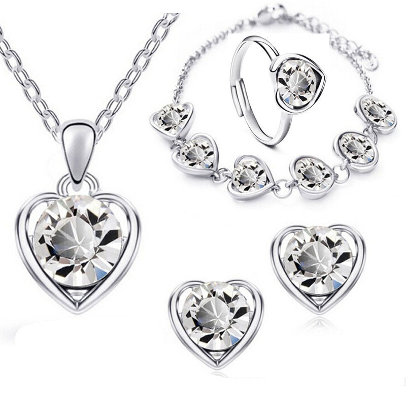 Mode Kristall Herz Herz Halskette Ohrringe Ring Armband Vierteiliges Set