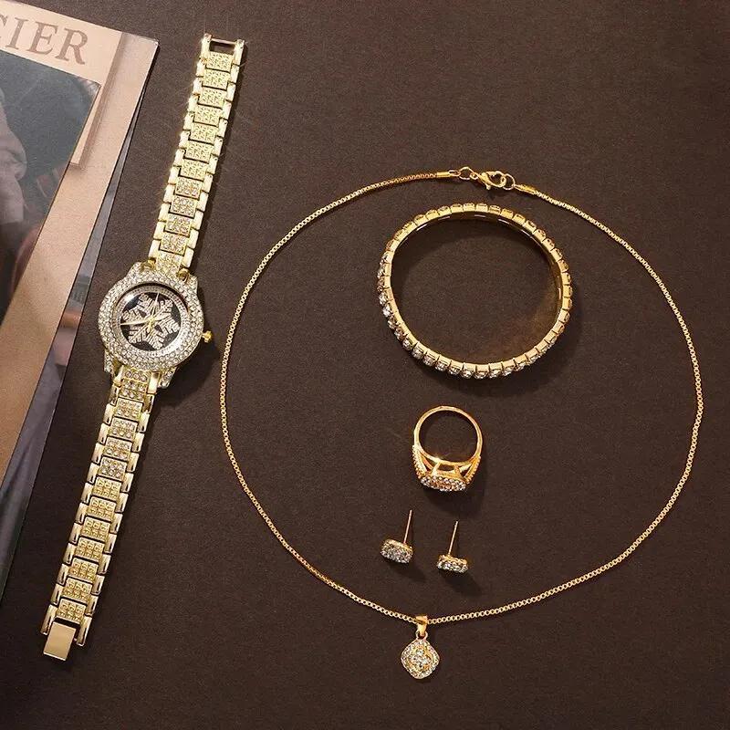 Reloj con diseño de copo de nieve, joyería de lujo con diamantes de imitación, juego de cinco piezas