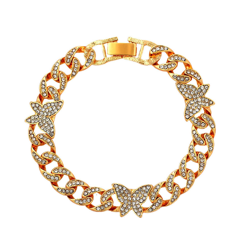 Tobillera de cadena cubana con accesorios de mariposa de diamantes completos con personalidad