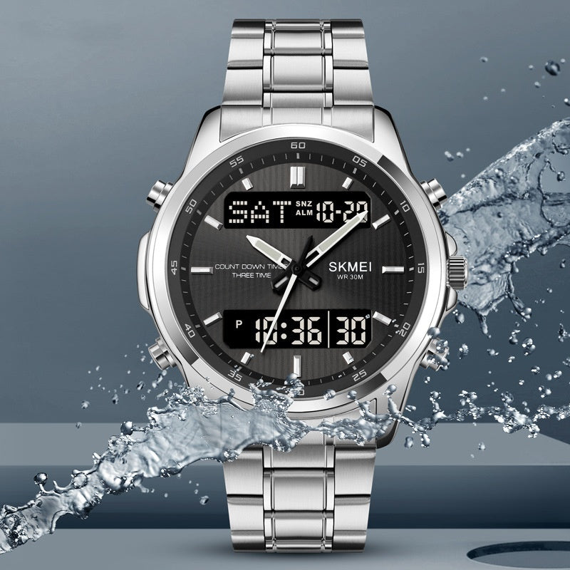Reloj deportivo multifuncional para hombre con correa de acero y doble pantalla
