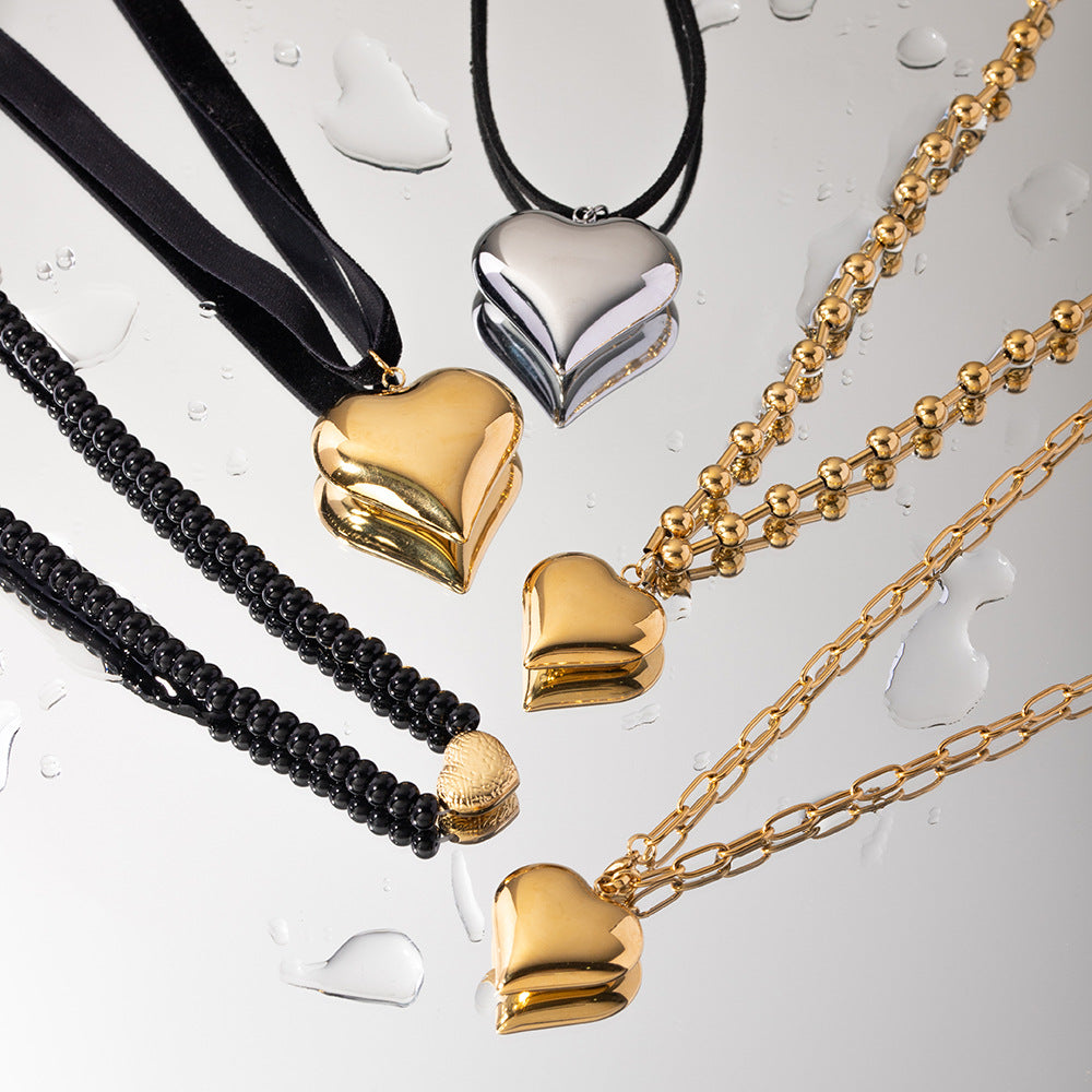 Gold Plated Stainless Steel Smooth Love Heart Necklace Series Hypo-Allergenic Tarnish Water Resistant Chunky Women Jewelry