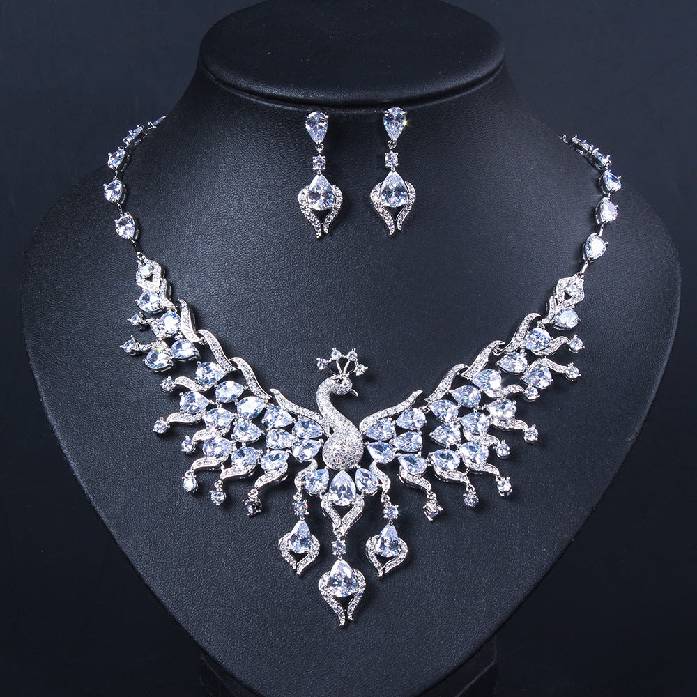 Ethno-Stil Zirkon-Pfau-Ohrringe-Set Quaste Bunte Schlüsselbeinkette Schmuckset