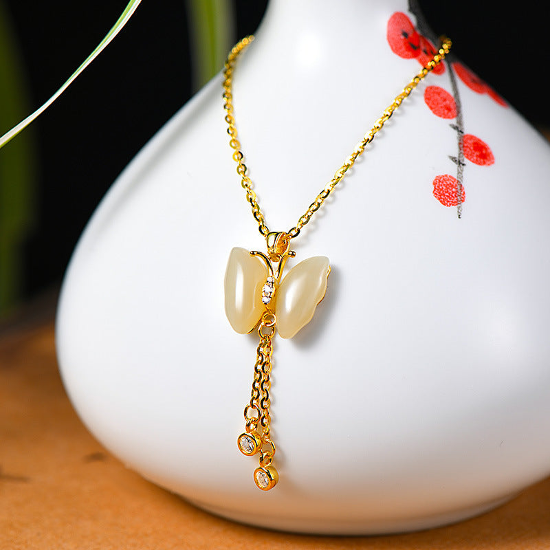Collar con borla de mariposa para mujer, plata de ley 925, estilo chino nuevo, alta sensibilidad