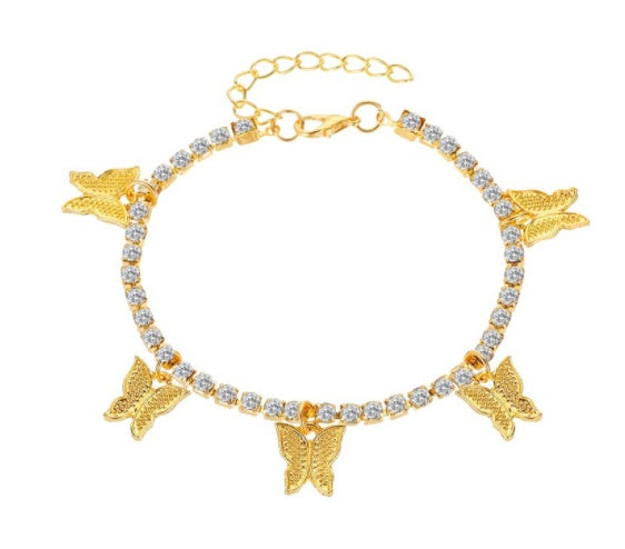 Tobillera con colgante de mariposa y diamantes de imitación