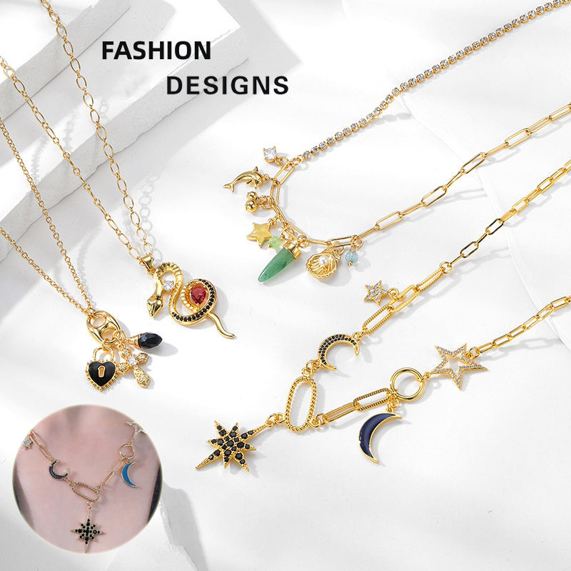 Modeschmuck Kupferbeschichtete Echtgoldkette Modedesign Stern- und Mond-Strass-Legierungshalskette