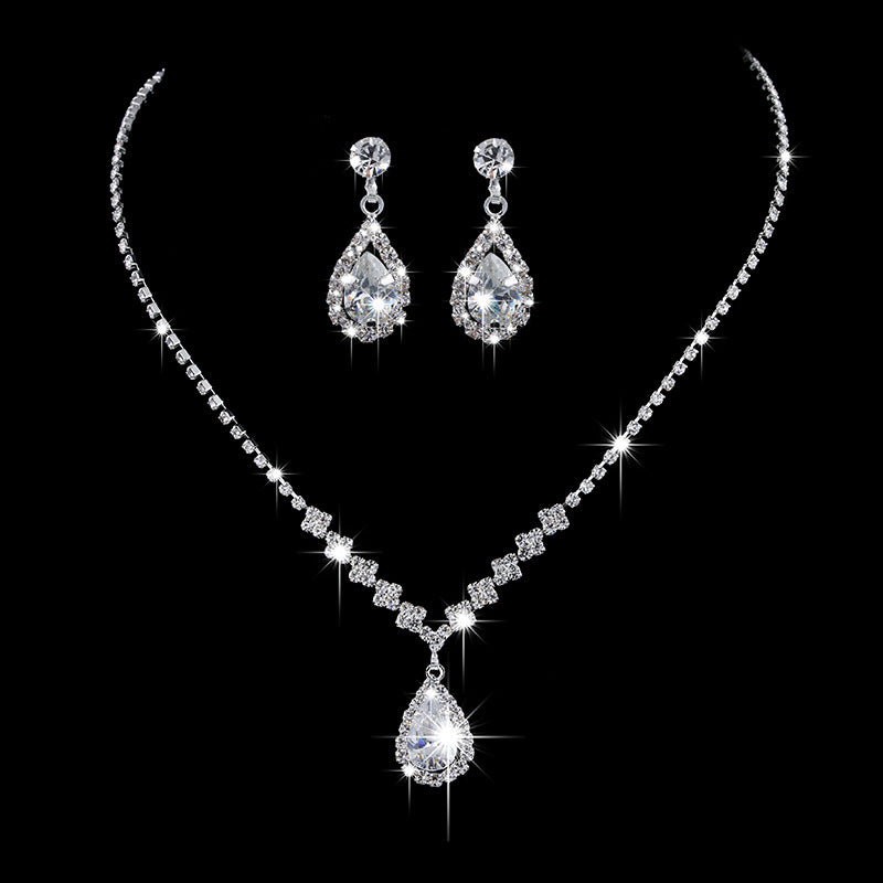 Juego de joyas de collar y aretes de gota de agua de circón con diamantes completos brillantes