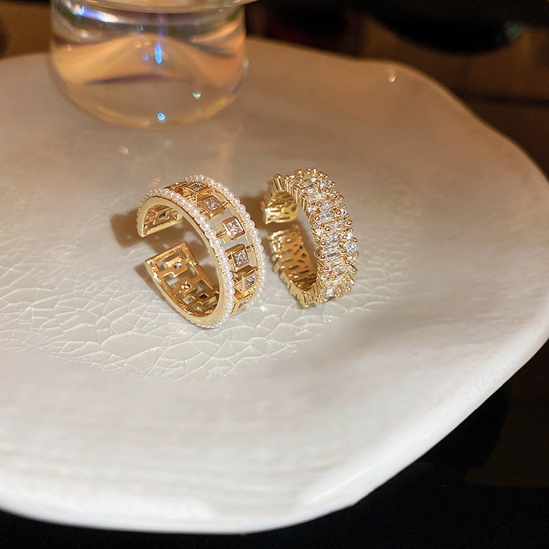 Anillo de Perlas de Circonita Calado Cuadrado Abierto Estilo Europeo y Americano Joyería Femenina