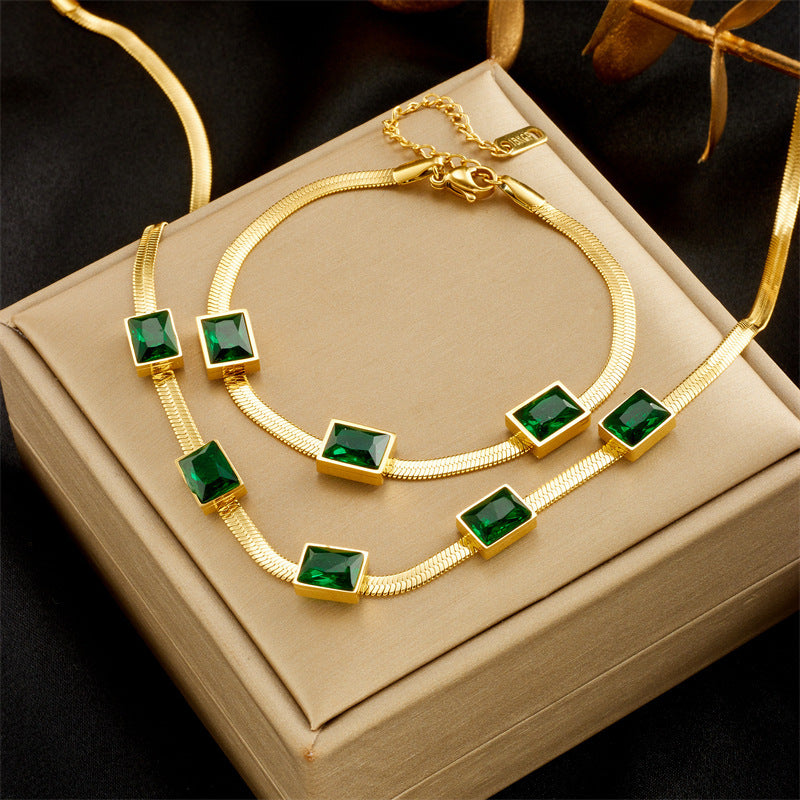 Einfaches quadratisches grünes Zirkon-Titanstahl-Halsketten- und Armbandset