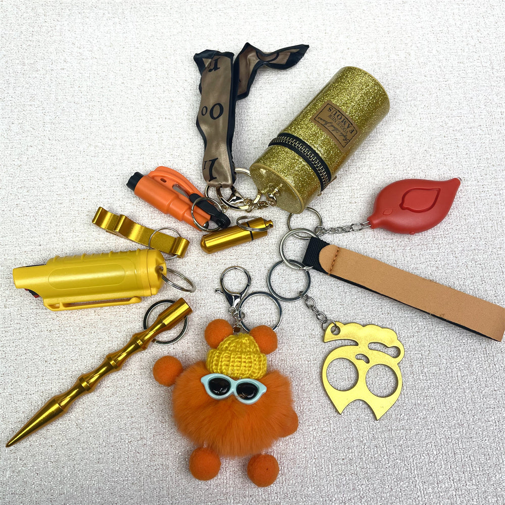 Bolsa de Lápiz Labial con Bola de Pelo, Pulsera, Llavero, Set de Pulseras