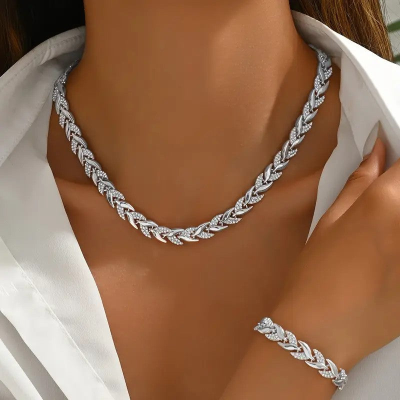 Conjunto de 2 collares de hojas de cristal elegantes con diamantes de imitación para mujer, conjunto de joyas de lujo a la moda