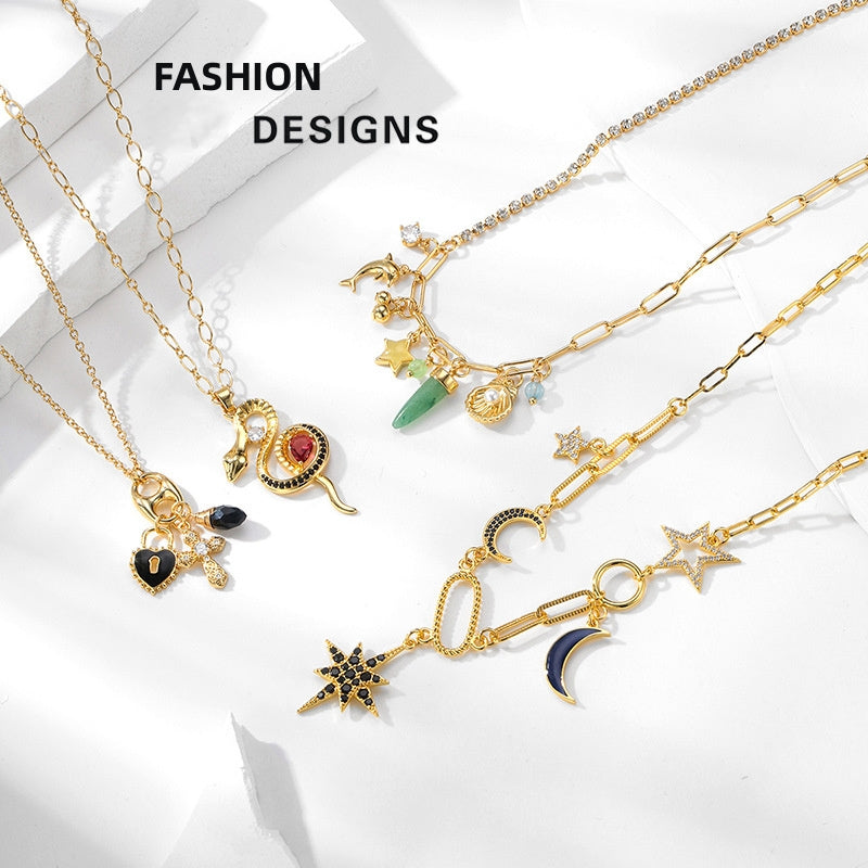 Modeschmuck Kupferbeschichtete Echtgoldkette Modedesign Stern- und Mond-Strass-Legierungshalskette