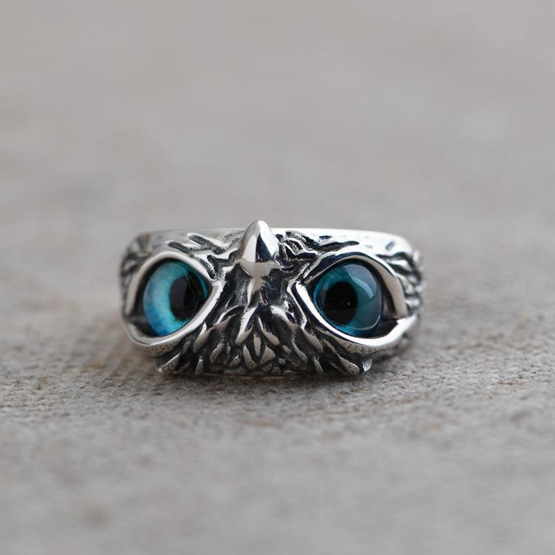 Anillo de búho con ojo de demonio vintage a la moda para mujer, anillo de animales retro, joyería de color plateado