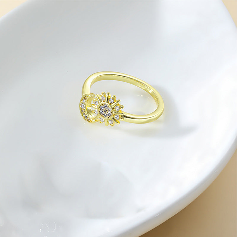 Anillo Abierto Ajustable de Estrella y Luna con Diamantes de Imitación, Anillos de Pareja con Personalidad de Moda para Joyería de San Valentín