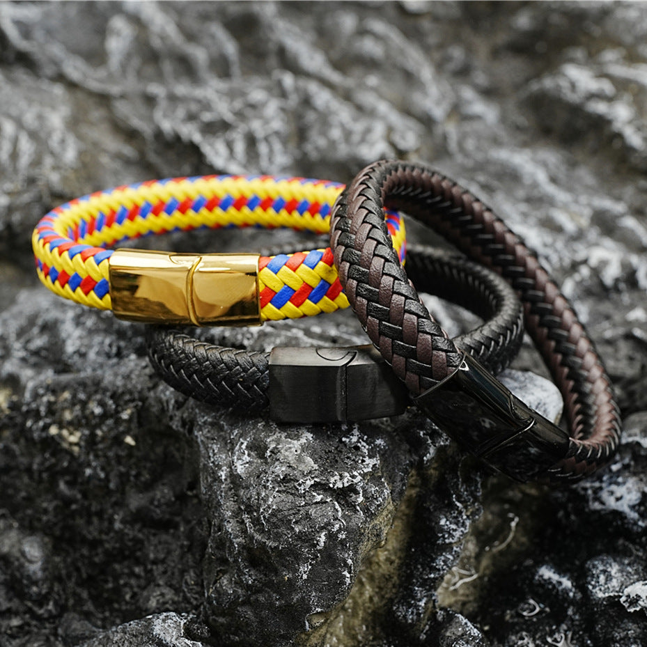 Personality Retro Couple Cowhide Woven Titanium Steel Magnetic Snap Carrying Strap