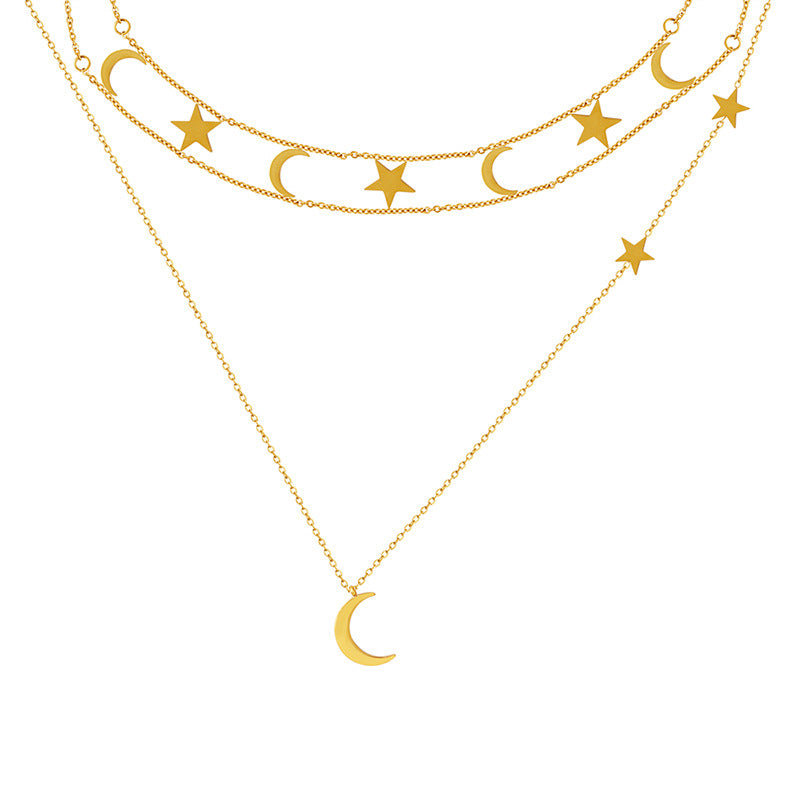 Romantischer Stern- und Mond-Anhänger, zweilagige Zwillingskette aus Titanstahl, Schmuckset