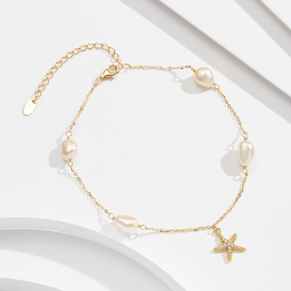 Tobillera de plata de ley 925 con colgante de estrella de cinco puntas y perlas, estilo playero