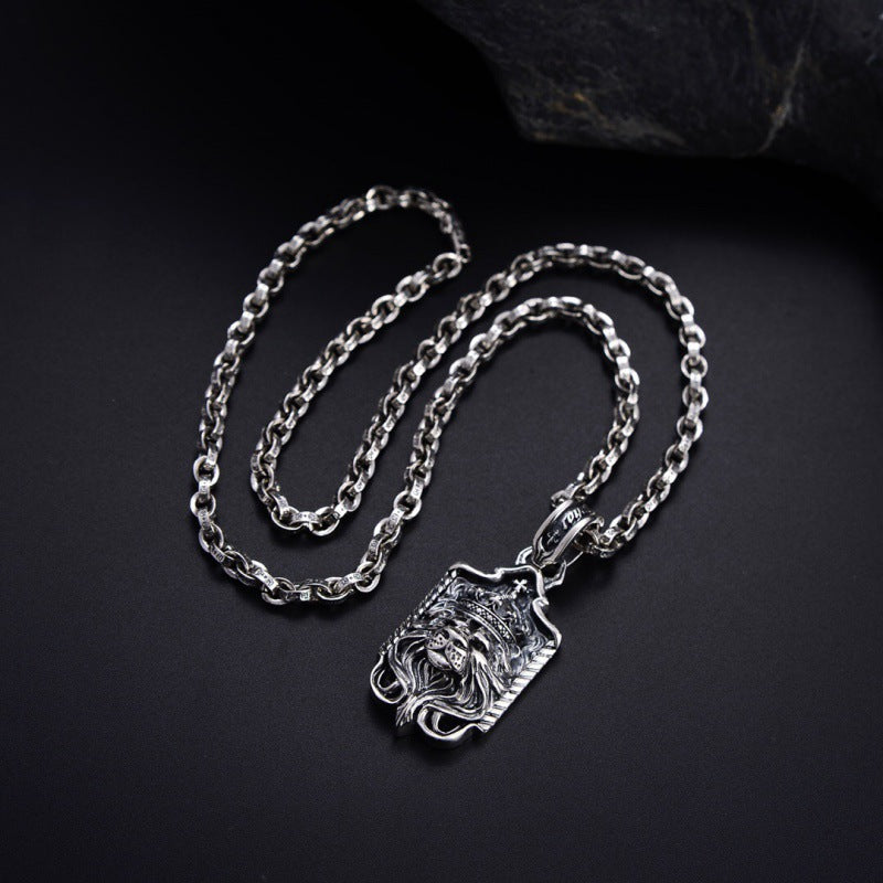 S925 Silver Dominant Lion Three Dimensional Hangtag Necklace