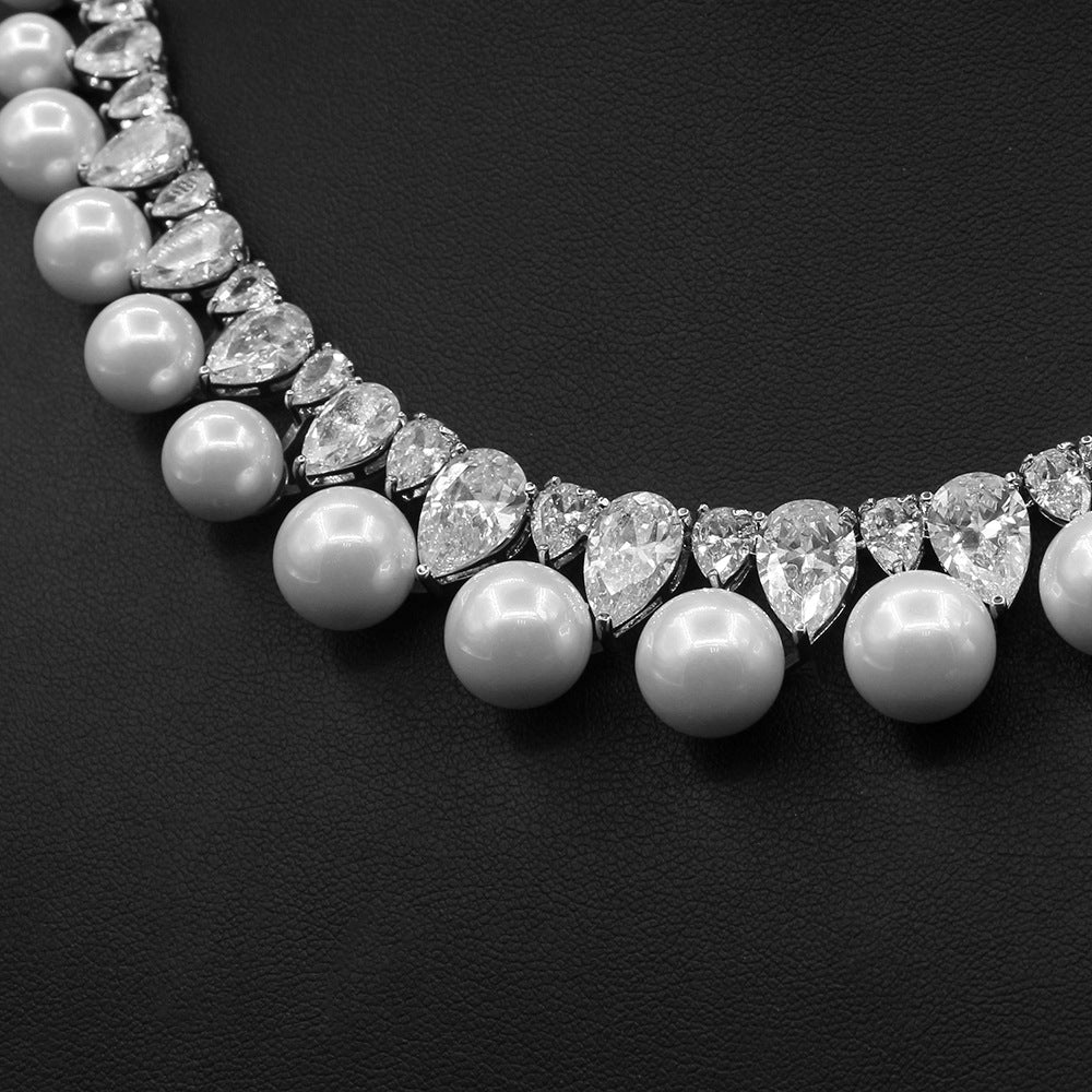 Perlen-Zirkon-Ohrringe-Halsketten-Set, Abend-Schmuck