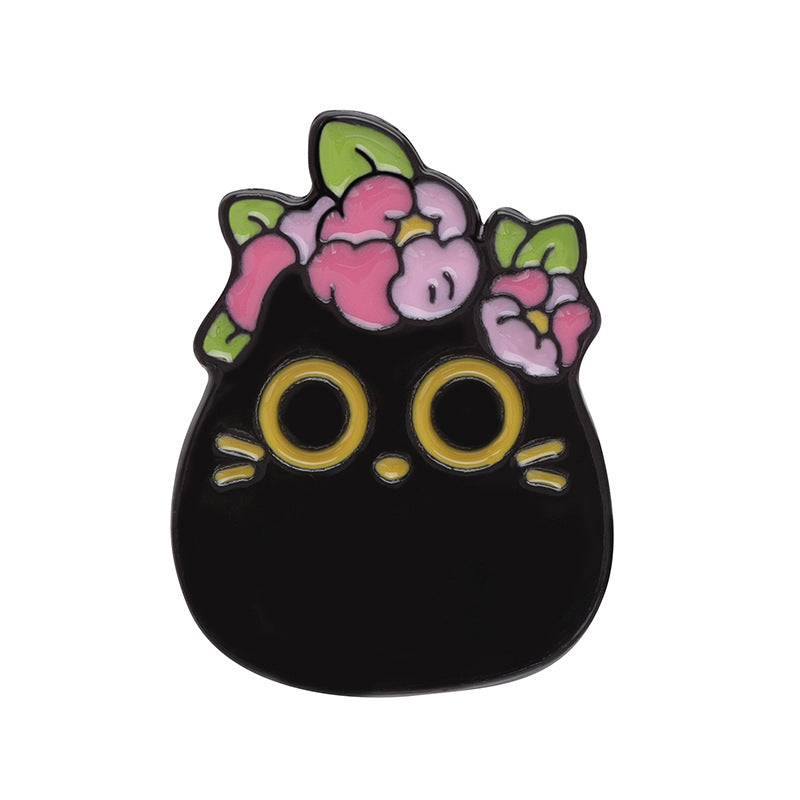 Cartoon Black Cat Blumen-Serie Niedlicher, modischer, vielseitiger Taschen-Kleidungs-Ornament-Anstecker