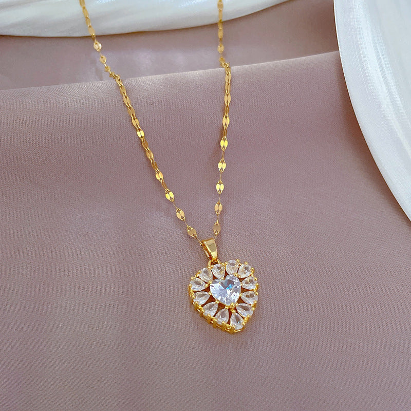Collar asequible de lujo, estilo elegante, con corazón, diamantes completos y baño de oro real