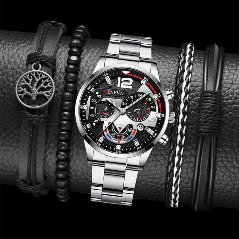 Juego de pulsera de 2 relojes de cuarzo de tres ojos de acero de moda para hombre, regalos de San Valentín