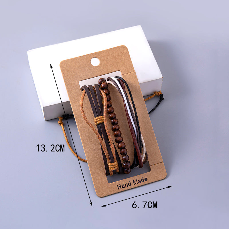 Pulseras ajustables de cuero multicapa vintage para mujeres y hombres, pulseras étnicas con cuentas de madera