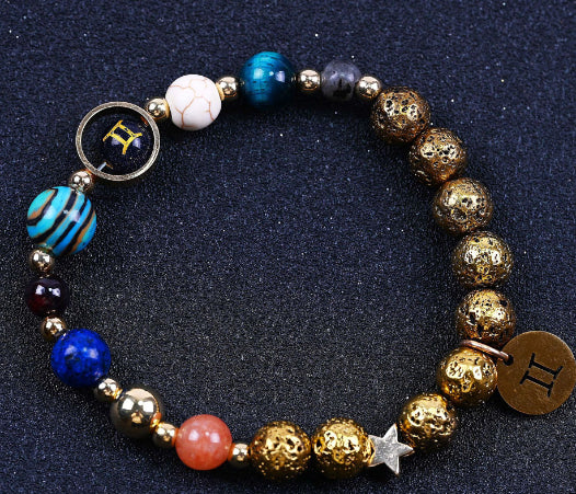 Zwölf Sternzeichen Armbänder Blau San Vulkangestein Antik & Gold Perlenarmband
