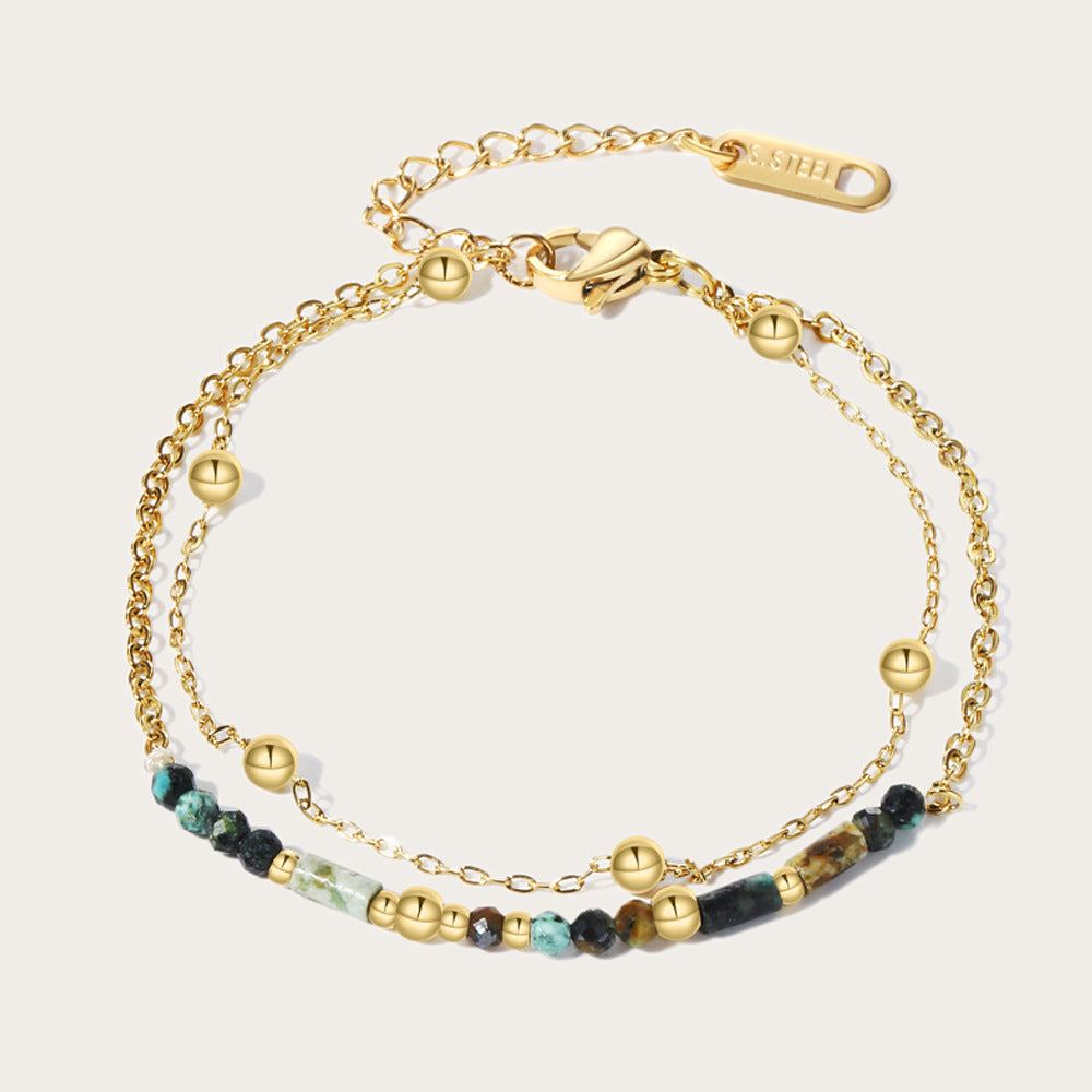 Pulsera de Acero Titanio y Piedra Natural, Estilo Retro Francés, Doble Hilo