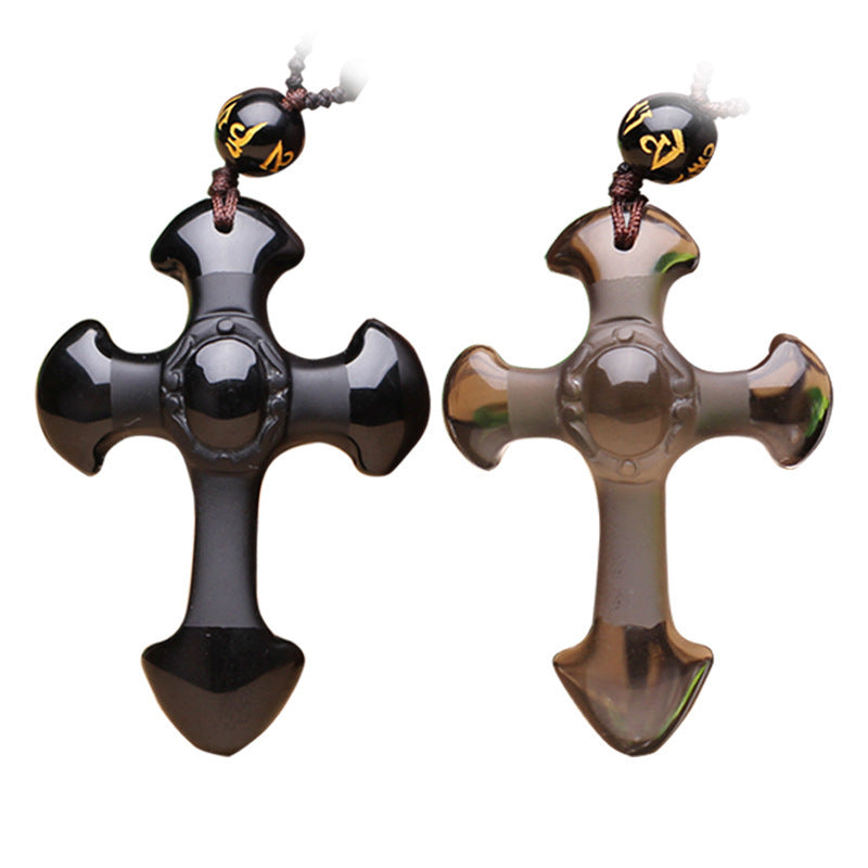 Natürlicher Obsidian Jesus-Kreuz-Anhänger Ukrainischer Eissamen Christus Jesus Paar Halskette Schmuck